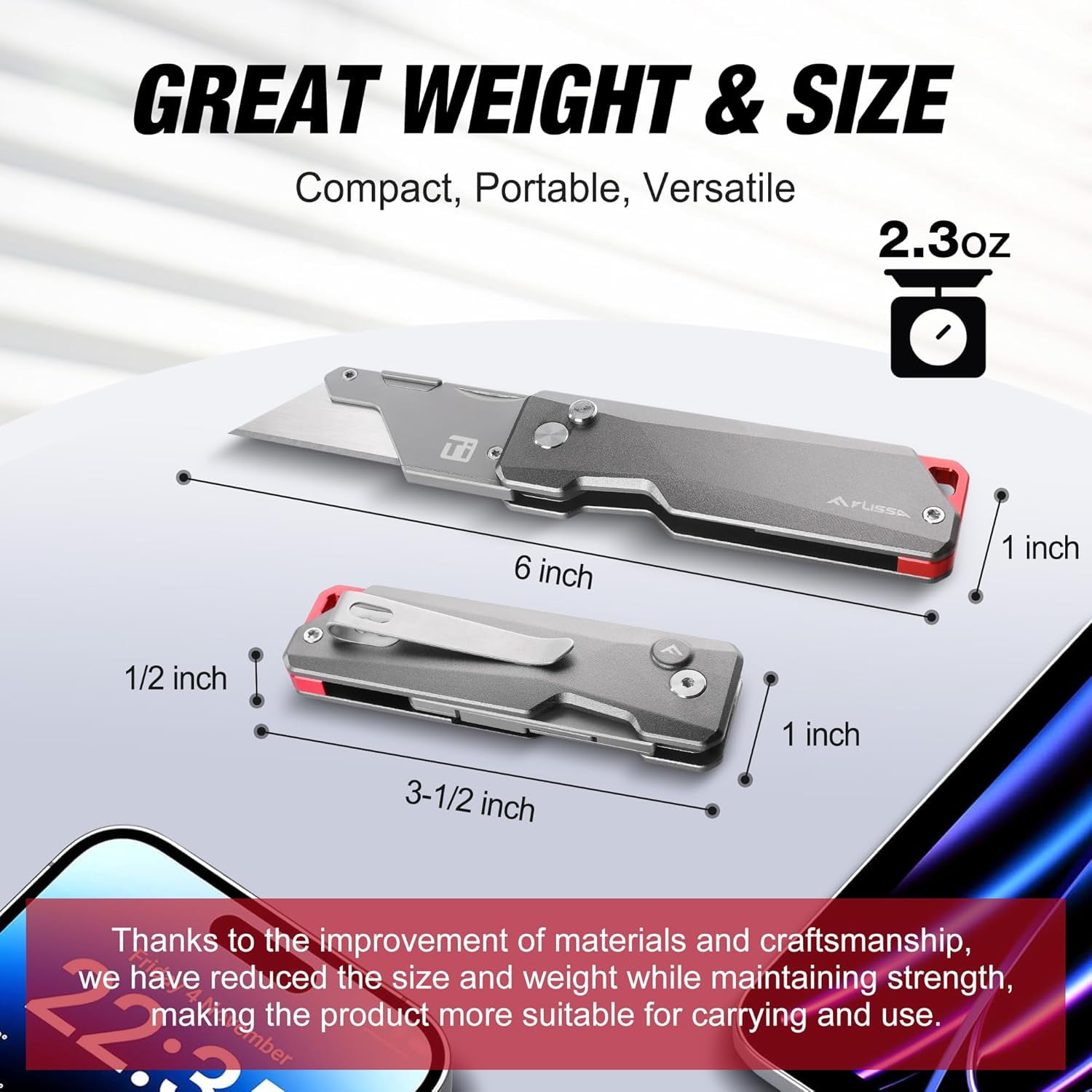 FLISSA Advanced Titanium Utility Knife, CNC Unibody, Lightweight All Metal Folding Box Cutter, Quick Change Blade Razor Knife, with 10 Extra Blades