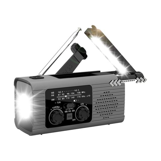 Radio de emergencia portátil con energía solar y conector para auriculares. Radio meteorológica con LED. gris