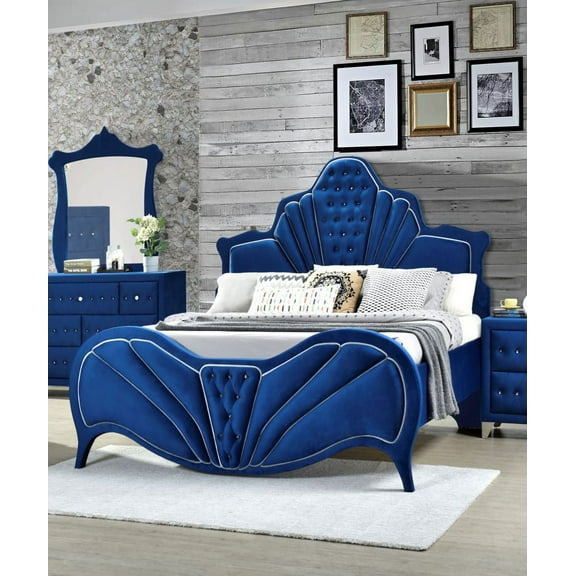 1pc Queen Size Bed Bedroom Furniture Padded Blue Velvet Tapered Leg Arched HB/FB
