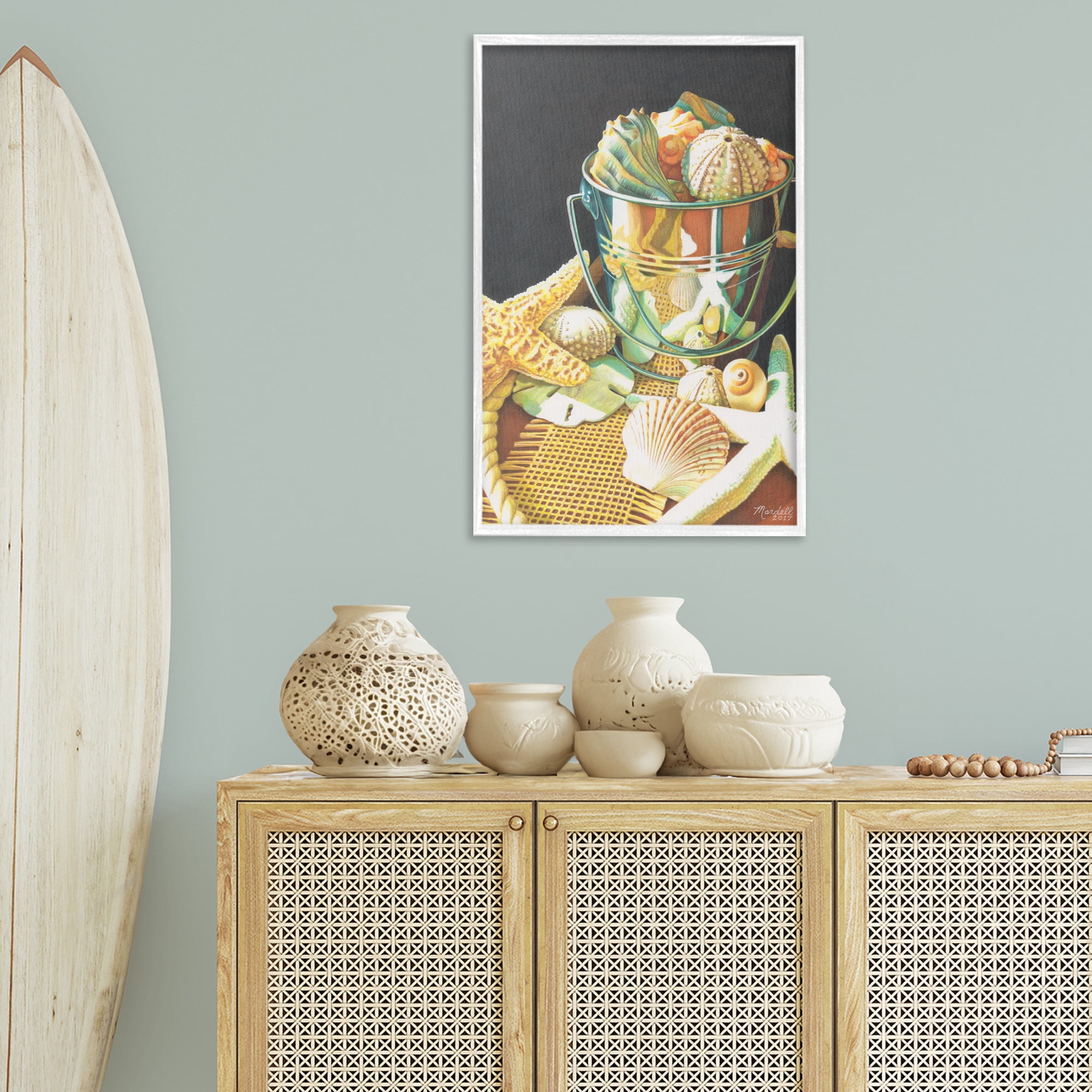 Stupell Industries Bucket Of Seashells Coastal Painting White Framed Art Print Wall Art, 20 x 30