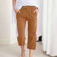 thumbnail image 2 of felwors Generic Capri Pants for Women Casual 2024 Summer Drawstring Elastic High Waist Linen Pants Wide Leg Plus Size Lounge Capris Coffee, XL, 2 of 5