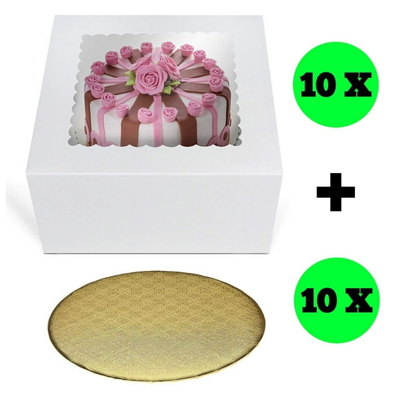 Cake Boxes 8" x 8" x 5" and Gold Round Cake Boards 8" Inch, Bakery Box with Window, 10 Pack of Each, White Kraft Paperboard, Gold Drum - Bakery Cake Supplies - by O'Creme