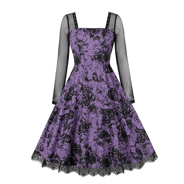 PENGXIANG Halloween une Ligne Robe Résille Robe à Manches Longues Imprimé Rose Femmes
