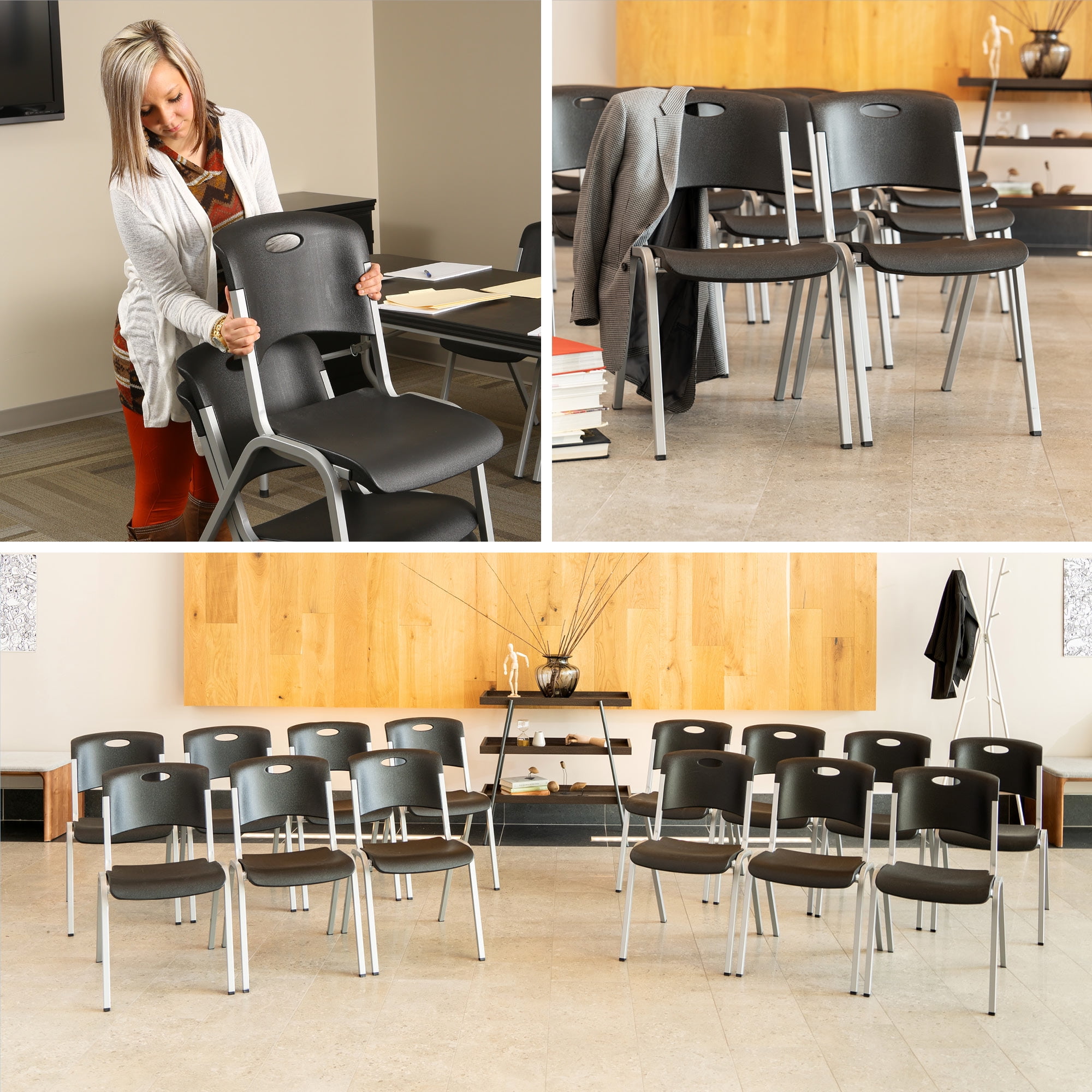 Lifetime Stacking Chairs, Indoor/Outdoor Commercial, Black & Silver, Adult Sized, 4 Pack (480310)