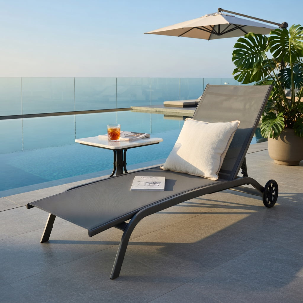 Hommoo 6-Position Adjustable Outdoor Chaise Lounge Chair with Smooth-Rolling Wheels, for Patio, Poolside & Backyard, Gray