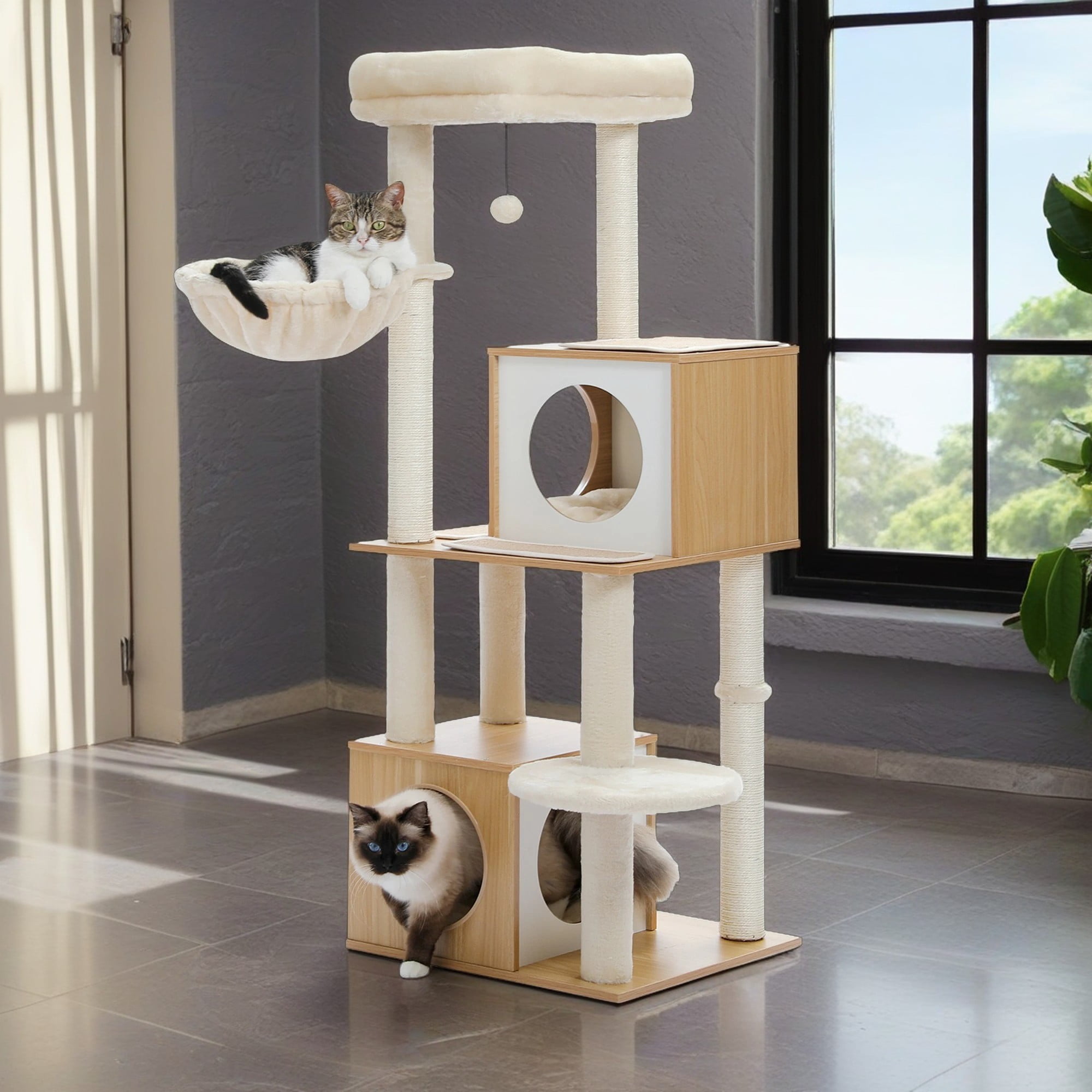 resenkos 51" Modern Cat Tree for Large Cat, Wood Cat Tower with Scratch Post for Indoor Big Cats, Cat Condo for Kittens, Beige