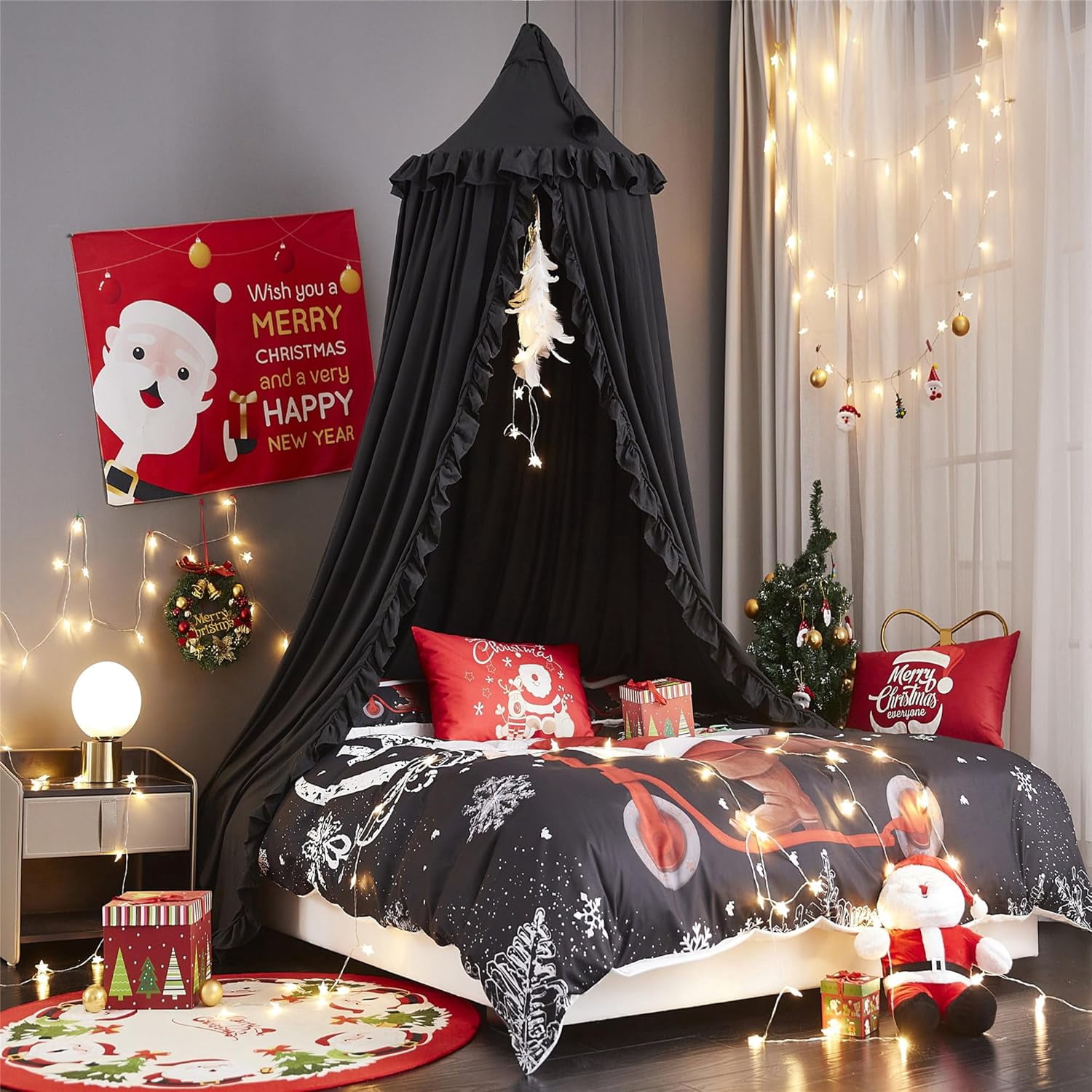 Bed Canopy for Girls,Princess Round Dome Dreamy Mosquito Net Bedding Girls Room Castle Play Tent Hanging House Decor Reading Nook Canopies (Black)