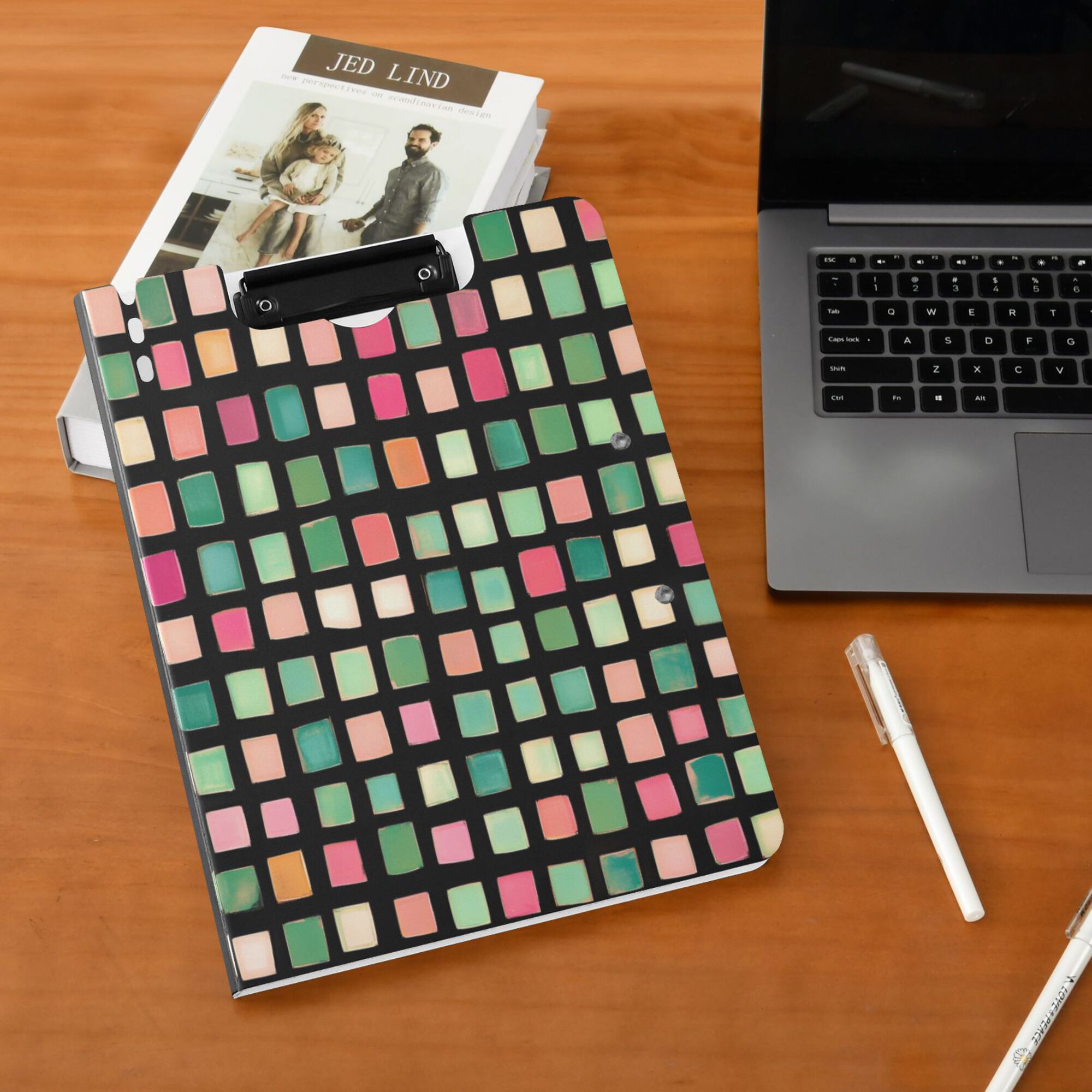 FORMRS A4 Clipboard Folder with Pen Holder Horizontal Foldable School Office Binder, Green Block Pattern
