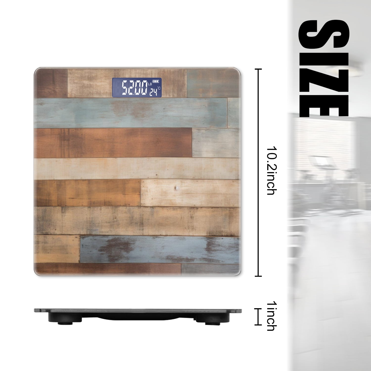Bathroom Scale, Highly Accurate Digital Body Scale,Precisely Measures Weight up to 400 lbs-The Background Wall Made Of Wooden Planks With Different Colors