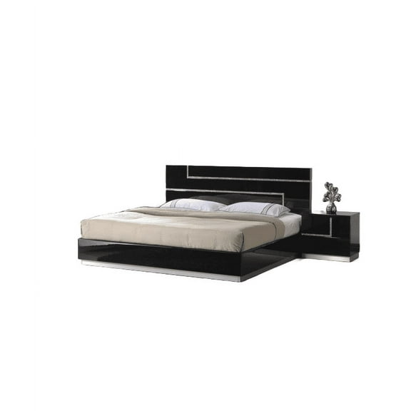 Luxurious Black California King Size Platform Bed with Nightstand Table, Modern Lacquer Finish 2PC Bedroom Set
