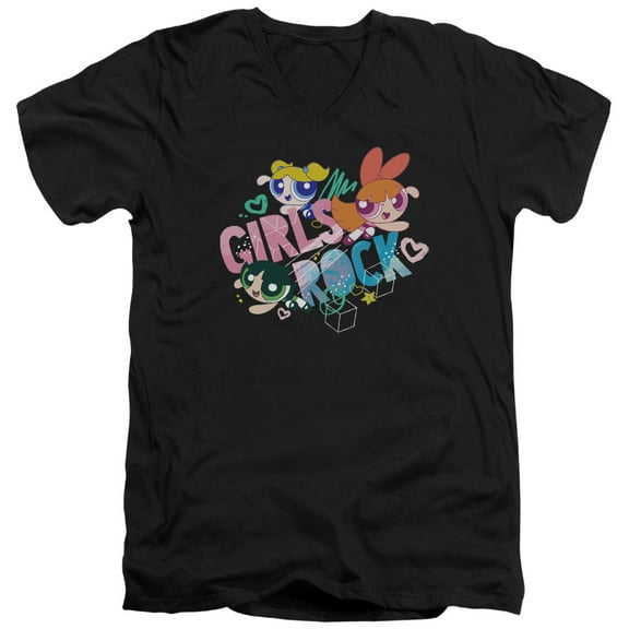 Powerpuff Girls Girls Rock S/S Adult V-Neck 30/1 T-Shirt Black