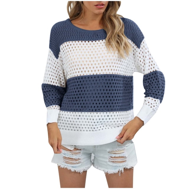Yuyuzo Hauts Creux pour Femmes Col Rond Manches Longues Pull-Over Trou à Illets Bloc de Couleur Automne Hauts Décontractés