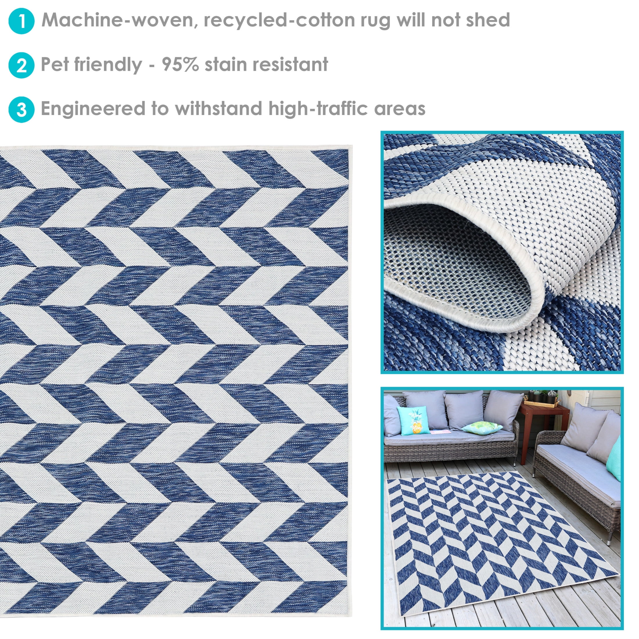 Sunnydaze Geometric Affinity Modern Flat Weave Blue/White Parallelogram Outdoor Area Rug, 5' x 7'
