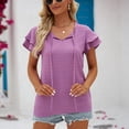 thumbnail image 2 of Mujeres verano Top jacquard cuello redondo doble ruffle manga lazo cuello blusa para damas niñas púrpura S, 2 of 6
