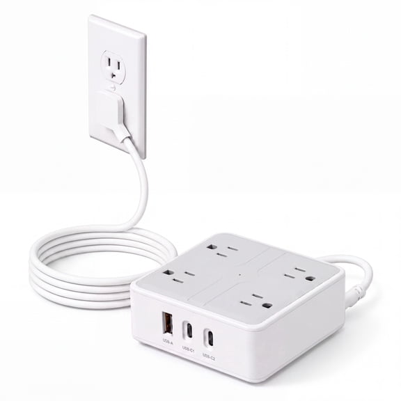 5 ft Flat Plug Power Strip, 7-in-1 Surge Protector Power Strip with USB C, 4 AC Outlets, 3 USB Ports