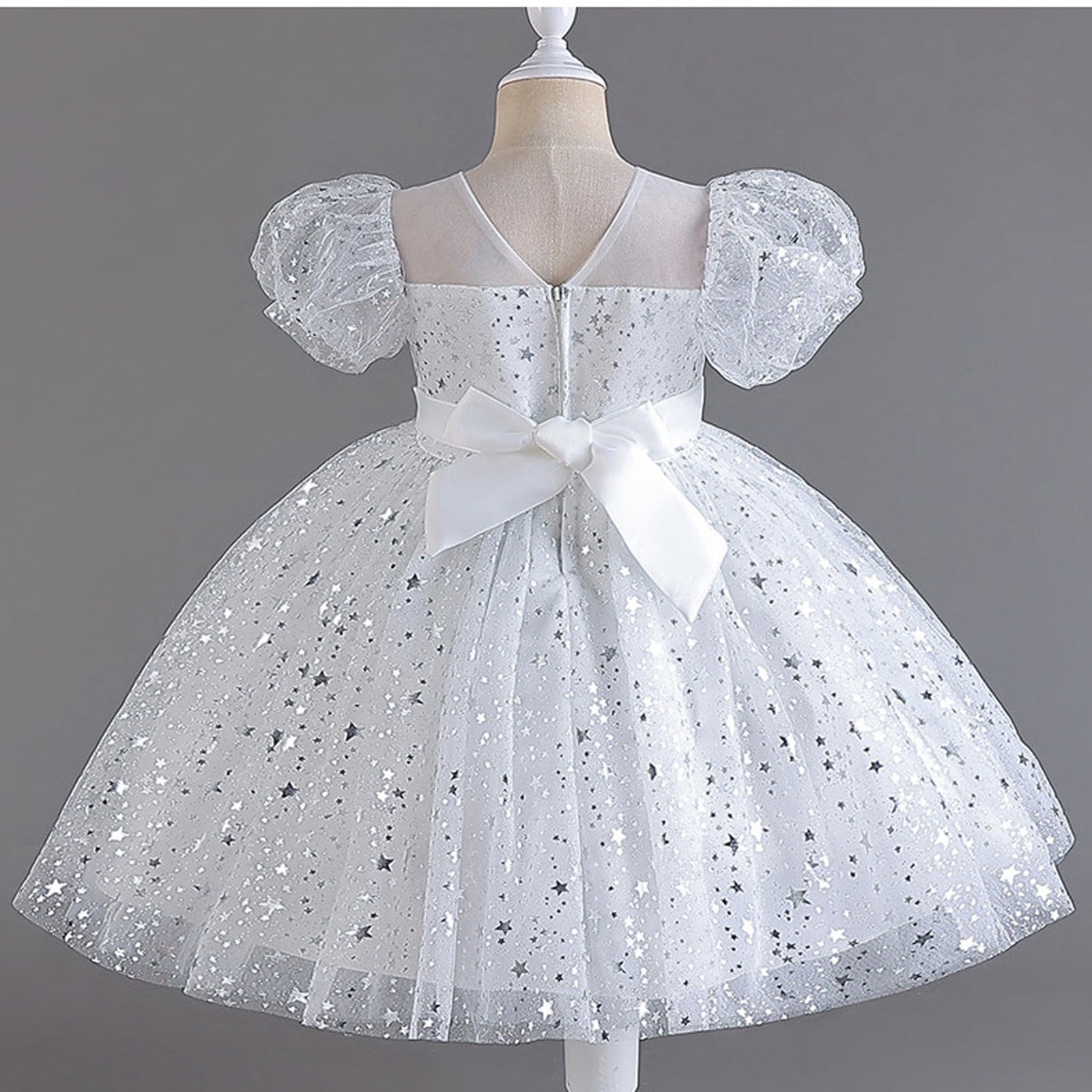 Girls Sequins Tutu-Dresses Layered-Tulle Size 4-12 Toddlers Kids Cute Short Puffed Sleeve Crewneck A-Line Birthday Evening Party Dress