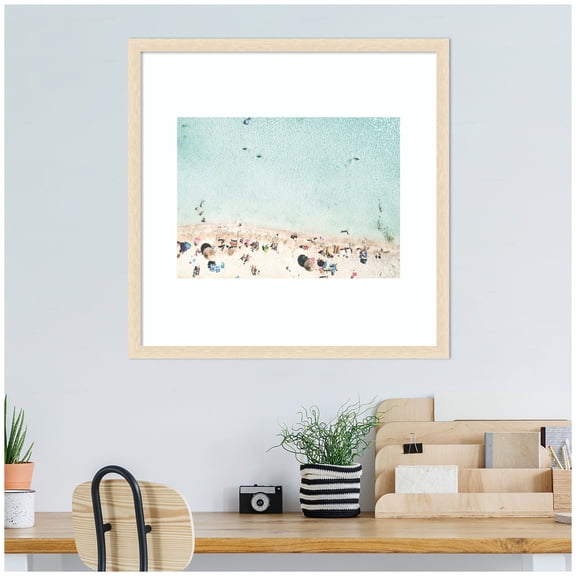 Kate and Laurel Framed Wall Art Print Turquoise Beach from Above No. 2 by Amy Peterson, 26 x 26, Woodgrain Stripe Blonde Frame, Coastal, Beach Art for Wall Decor