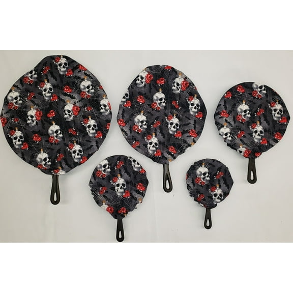 Skulls Webs & Roses Cast Iron Pan Covers (Set of 5) by Penny's Needful Things