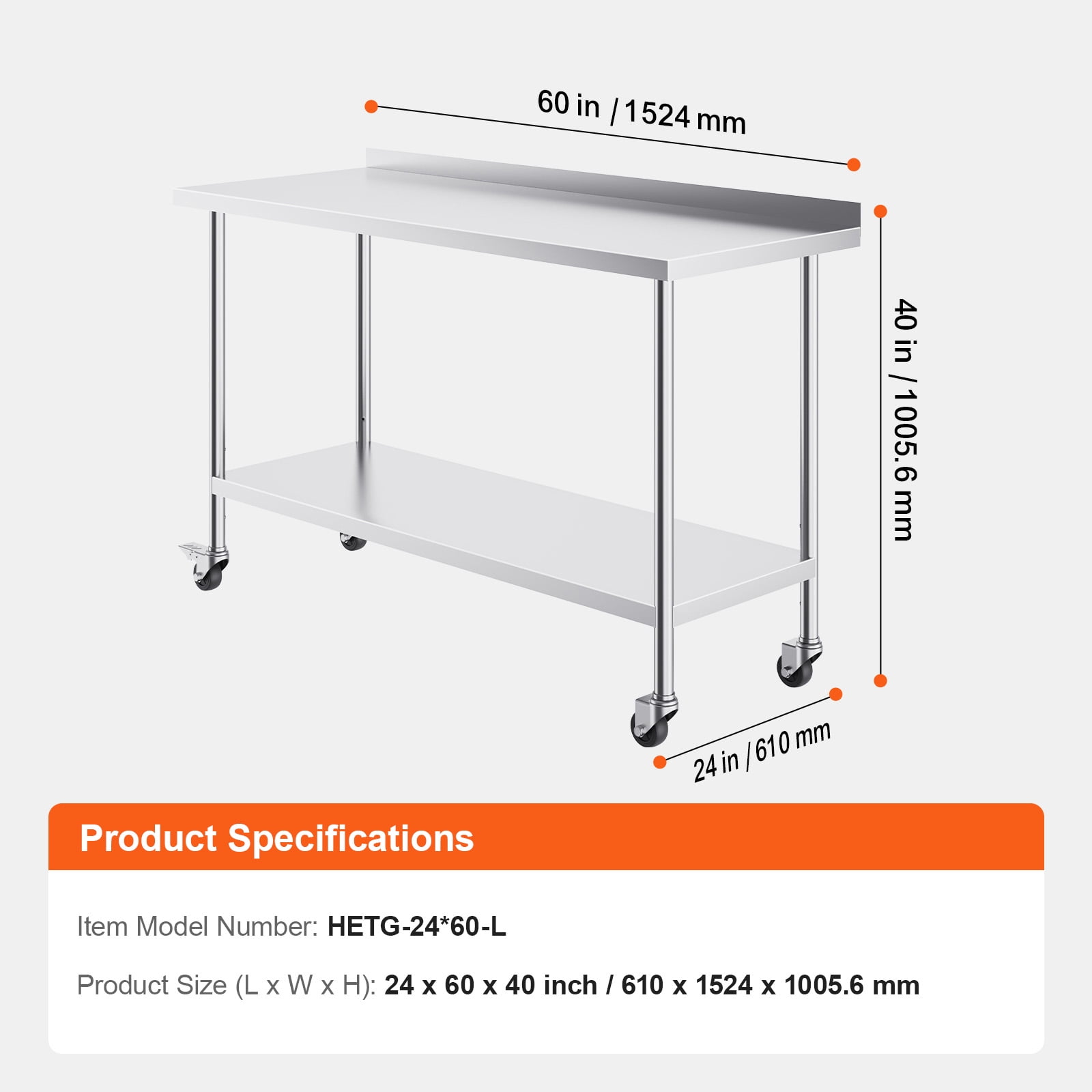 KFFKFF 24 x 60 x 40 Inch Stainless Steel Work Table, Commercial Food Prep Table with Wheels, Durable Metal Workstation with Adjustable Height for Kitchen, Home, and Hospitality Use
