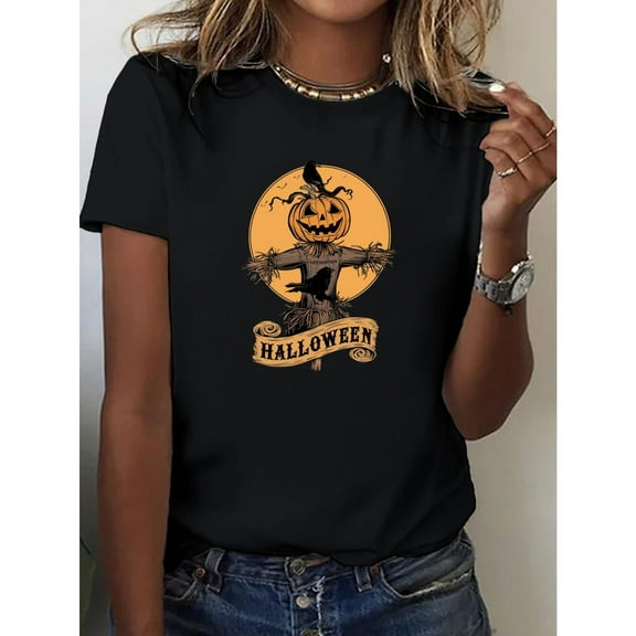 Halloween Scarecrow Pumpkin Graphic for Fall Graphic Casual Tee T Shirt Top Short Sleeve Round Neck Black S-5XL