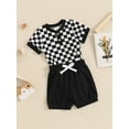 thumbnail image 3 of Niusricy Kids Baby Boys Summer Outfits 0-18M Toddler Short Sleeve Jumpsuits Crew Neck Button Bodysuits Checkerboard Buttons Romper and Solid Shorts Insual 2Pcs Clothes Set for Vacation Daily, 3 of 7
