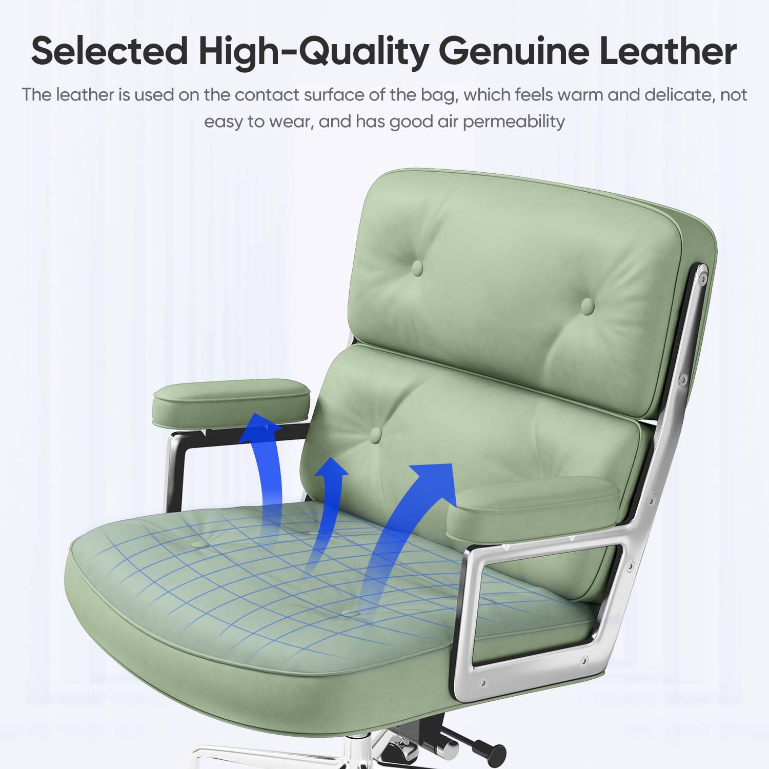 Cottinch Mid Back Genuine Leather Office Chair, Executive Desk Chairs with Aluminum Arms & Thickened Backrest, Ergonomic Office Chair Swivel Office Leather Chair with Lumbar Support, Green