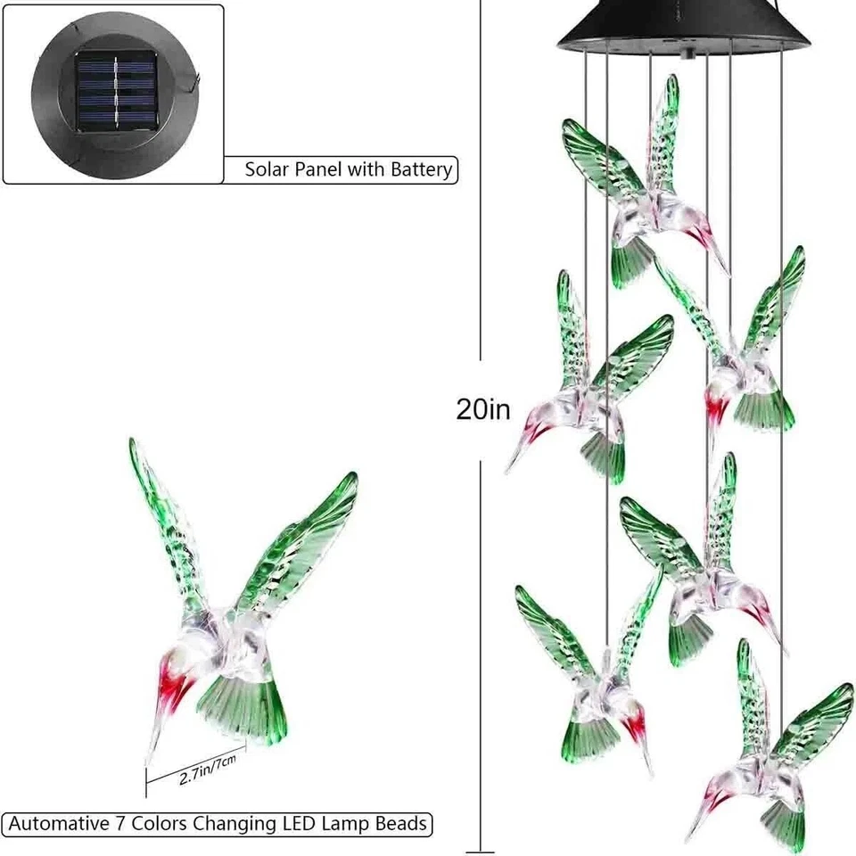PURELY- Solar Wind Chimes Lights Led Color Changing Hanging Hummingbird Ball Garden Lamp
