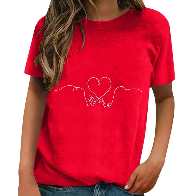 WEAIXIMIUNG T Shirts for Women Plus Size 3Xl Valentine's Day Short Sleeved Spring and Summer All Printed Fashion Pattern Loose Crewneck Top Tshirt