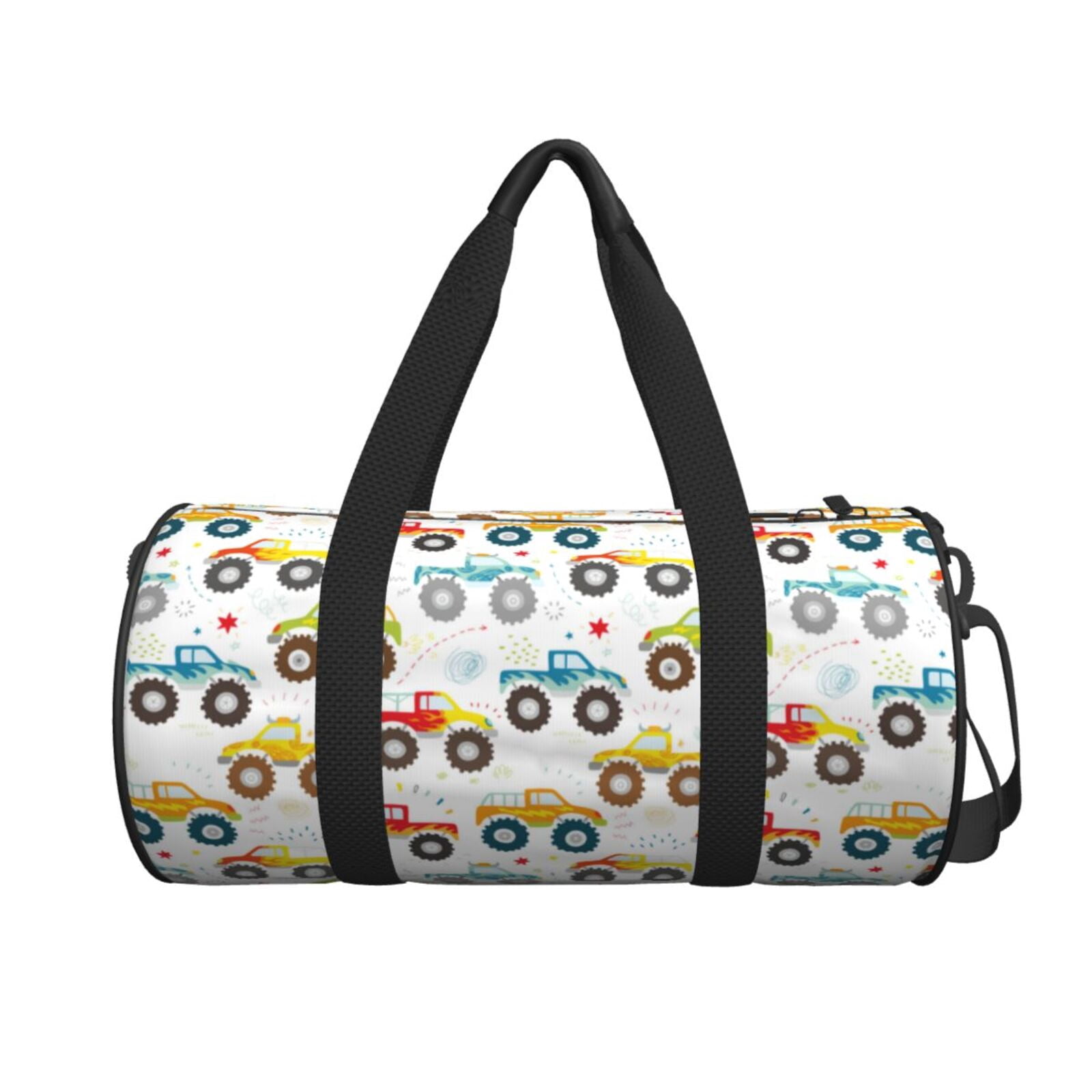 Hirioo Cartoon Monster Trucks for Round Large Capacity Travel Luggage Bag Weekend Getaway Bag for Gym Beach Swim Bag Men Women