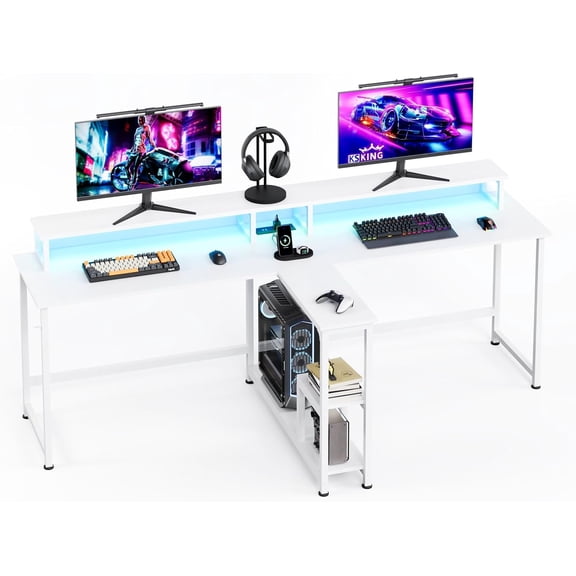 MUTUN Two Person Desk with LED Light, 83.7 Inch Computer Office Double Desk with Monitor Stand and Power Outlets, Rustic Writing Table Workstation with Shelves, Long Desk for Home Office, White