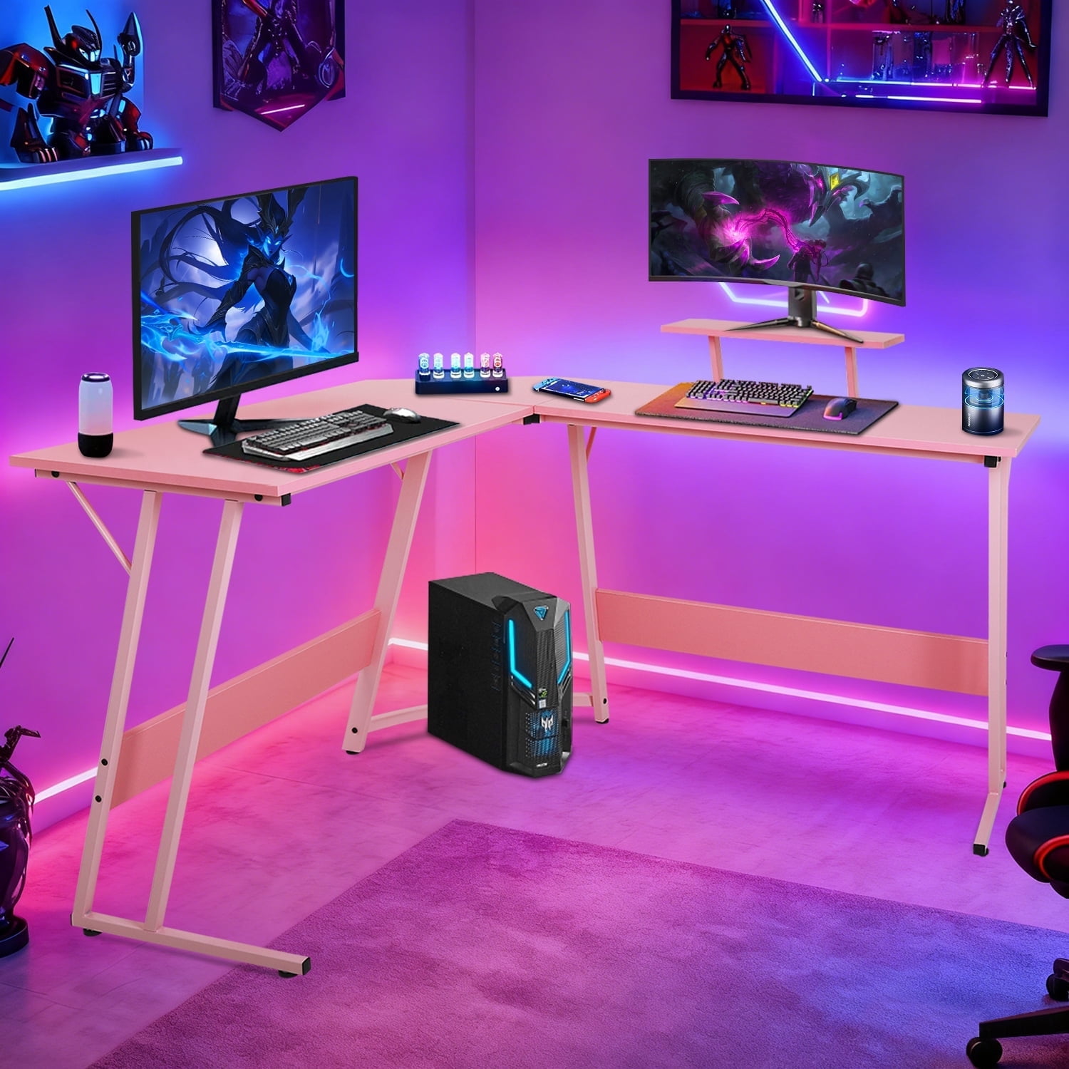 Shaped Gaming Desk 50 Inches Corner Computer Desk, Home Office Desk with Large Desktop Gaming Table for Home and Work Place,Pink