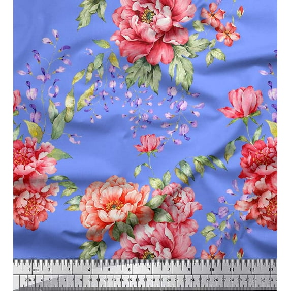 Soimoi Cotton Duck Fabric Leaves & Peony Floral Decor Fabric Printed Yard 56 Inch Wide