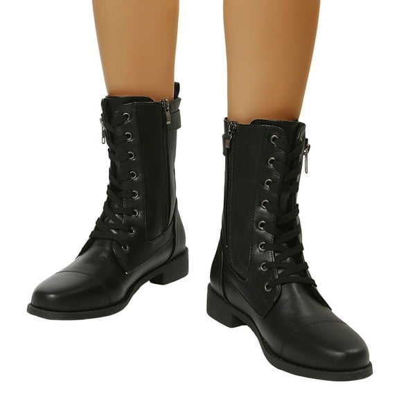 Women's Mid Calf Combat Boots with Side Zipper Casual Military Leather Low Heel Lace up Riding Short Booties