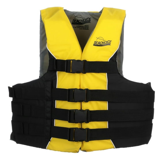 Seachoice Level 70 Life Jacket, Deluxe Adjustable 4-Belt Ski Vest, Yellow and Black, Size L/XL, 40-52 In. Chest