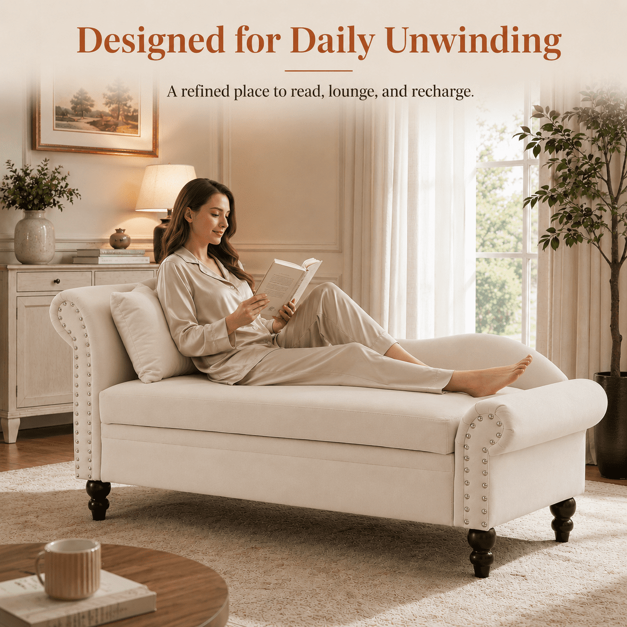 Aukfa 64.5" Modern Velvet Chaise Lounge with Storage, Left Armrest Lounge Sofa with Silver Nailhead Trim & Lumbar Pillow,Beige