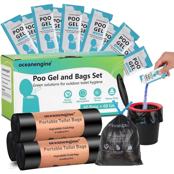 Portable Toilet Bags Poo Gel Set, 8 Gallon Camping Toilet Bags with Portable Toilet Absorbent Gel, Compostable Portable Potty Bags for Camping Outdoor Hiking