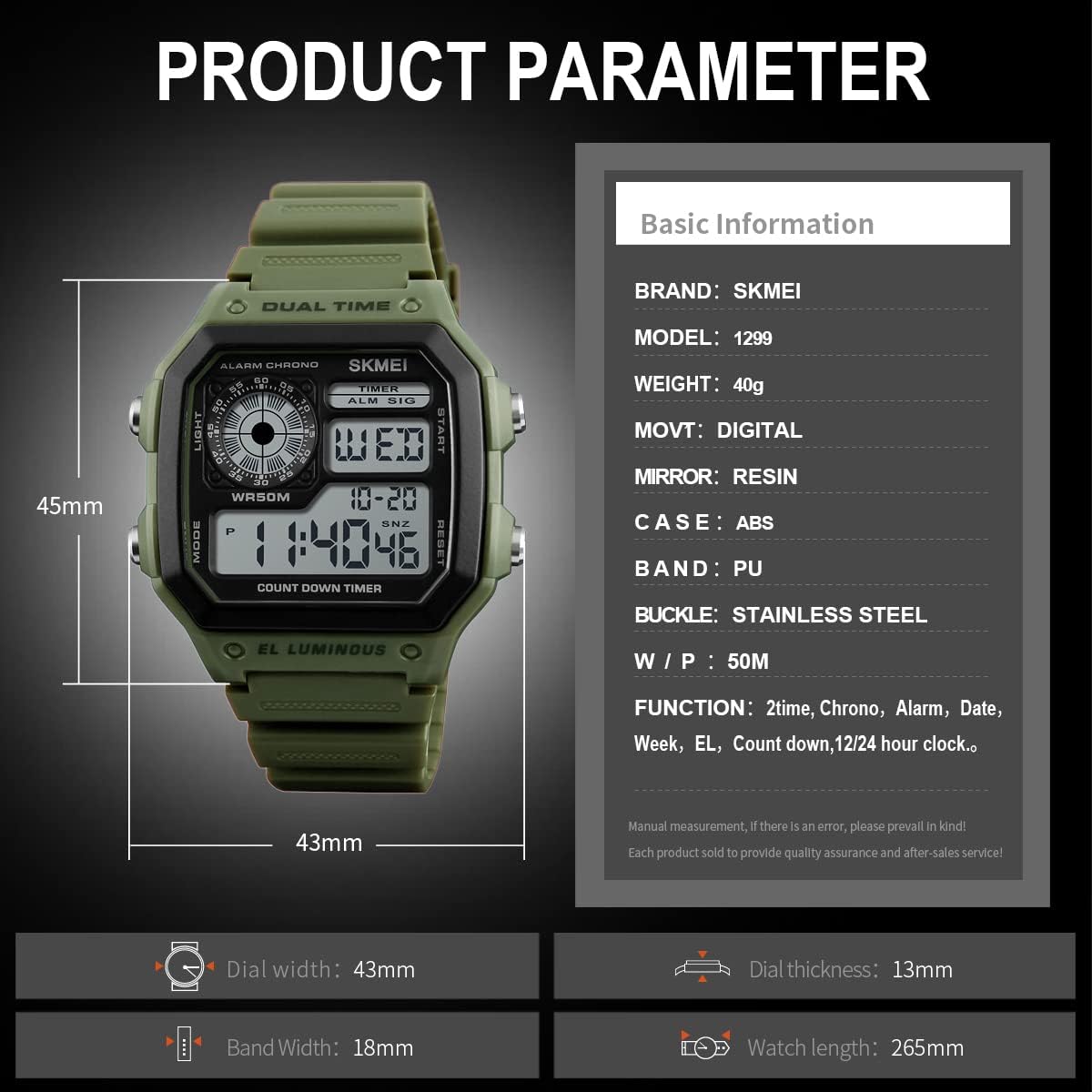 Wrist Watch for Men, Digital Sports Waterproof Watch with Dual Time Chronograph Countdown Alarm Backlight