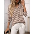 thumbnail image 3 of Womens Button Down Shirts Striped Classic Long Sleeve Collared Office Work Blouses Tops with Pocket Khaki M, 3 of 7