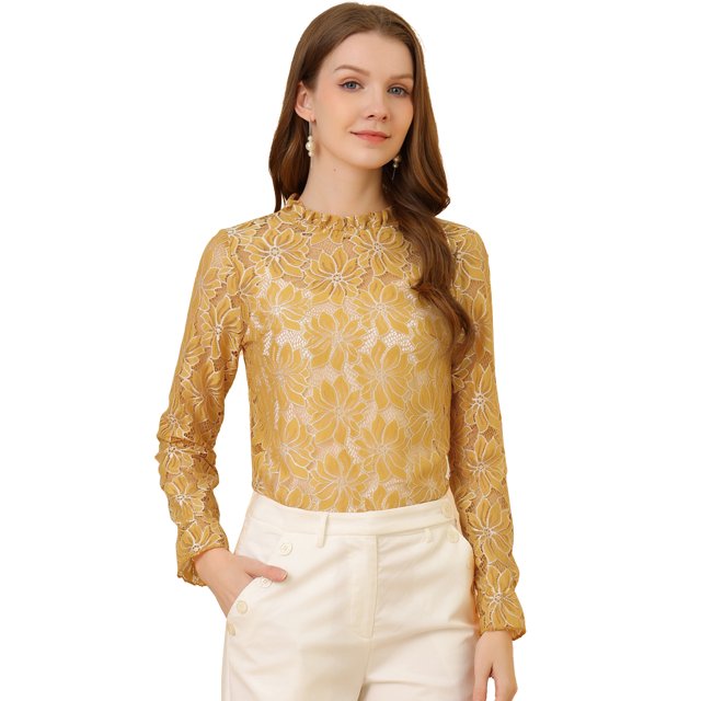 INSPIRE CHIC Women's Crochet Lace See Through Floral Ruffle Neck Blouse