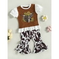 thumbnail image 3 of Suealasg Toddler Baby Girls Western Clothes Short Sleeve Cow Head Print T-Shirts and Floral Print Flare Pants 6M 1T 2T 3T Kids Girls Summer 2Pcs Outfits, 3 of 8