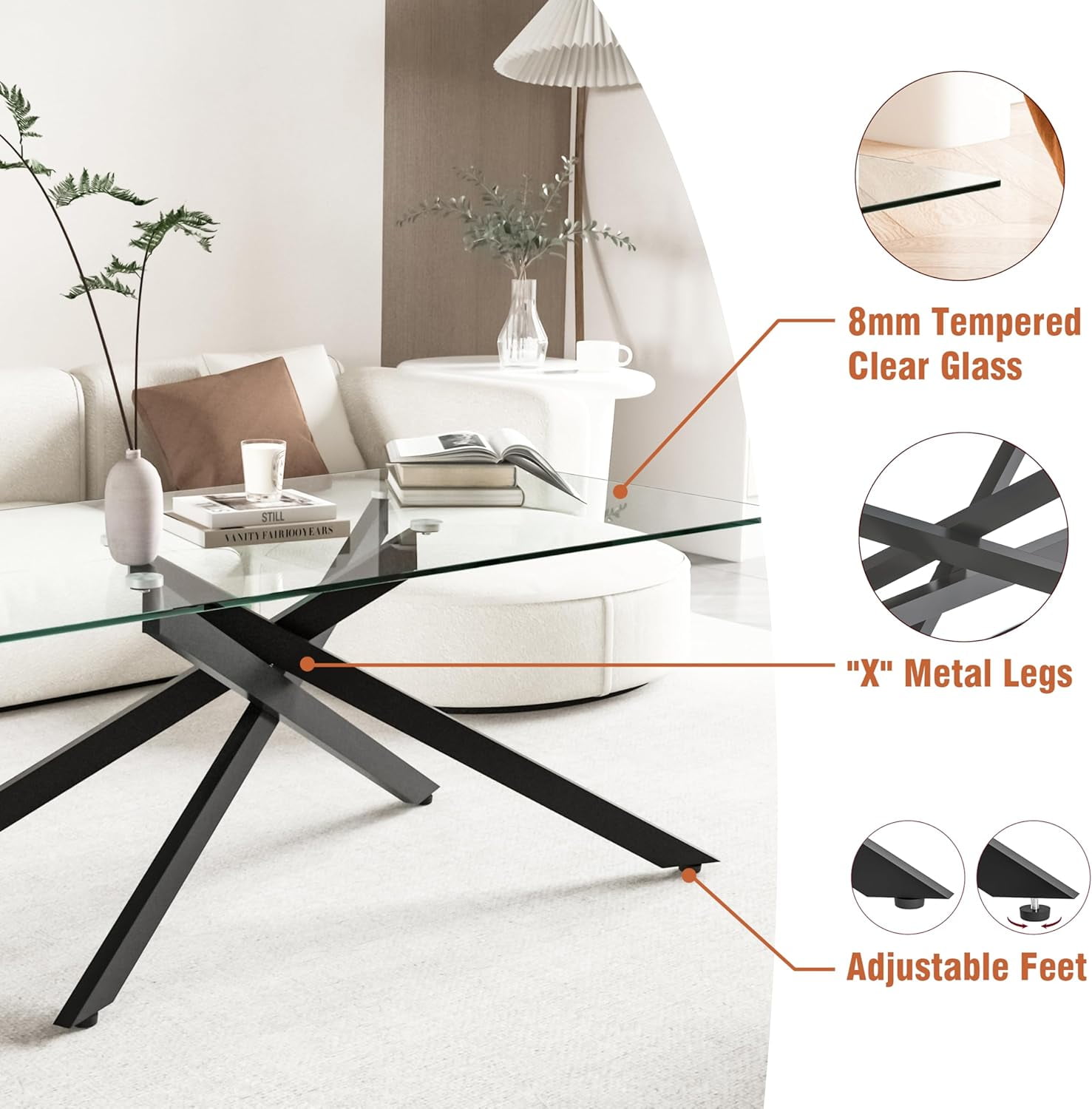 Glass Coffee Table, Holaki 47.2" Clear Rectangle Glass Coffee Table, Modern Coffee Table with Metal Legs, Center Table Sofa Table Home Furniture for Living Room