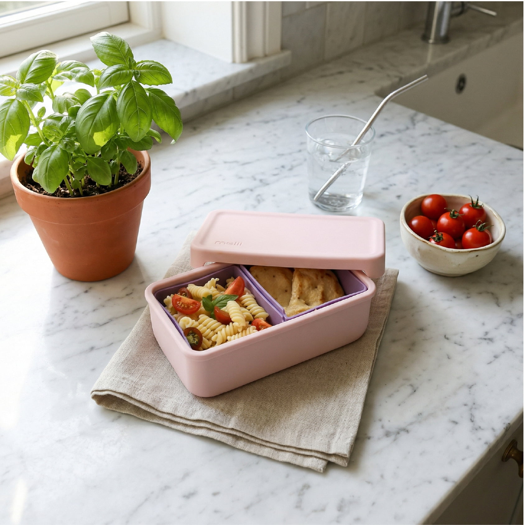 Melii Silicone Bento Box Food Storage Container, Pink & Purple
