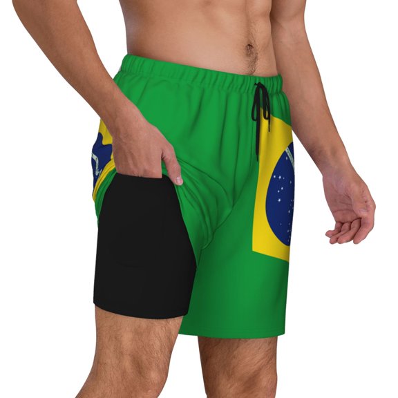 Men's 2 in 1 Swim Trunks with Compression Liner Flag Of Brazil Quick Dry Beach Shorts