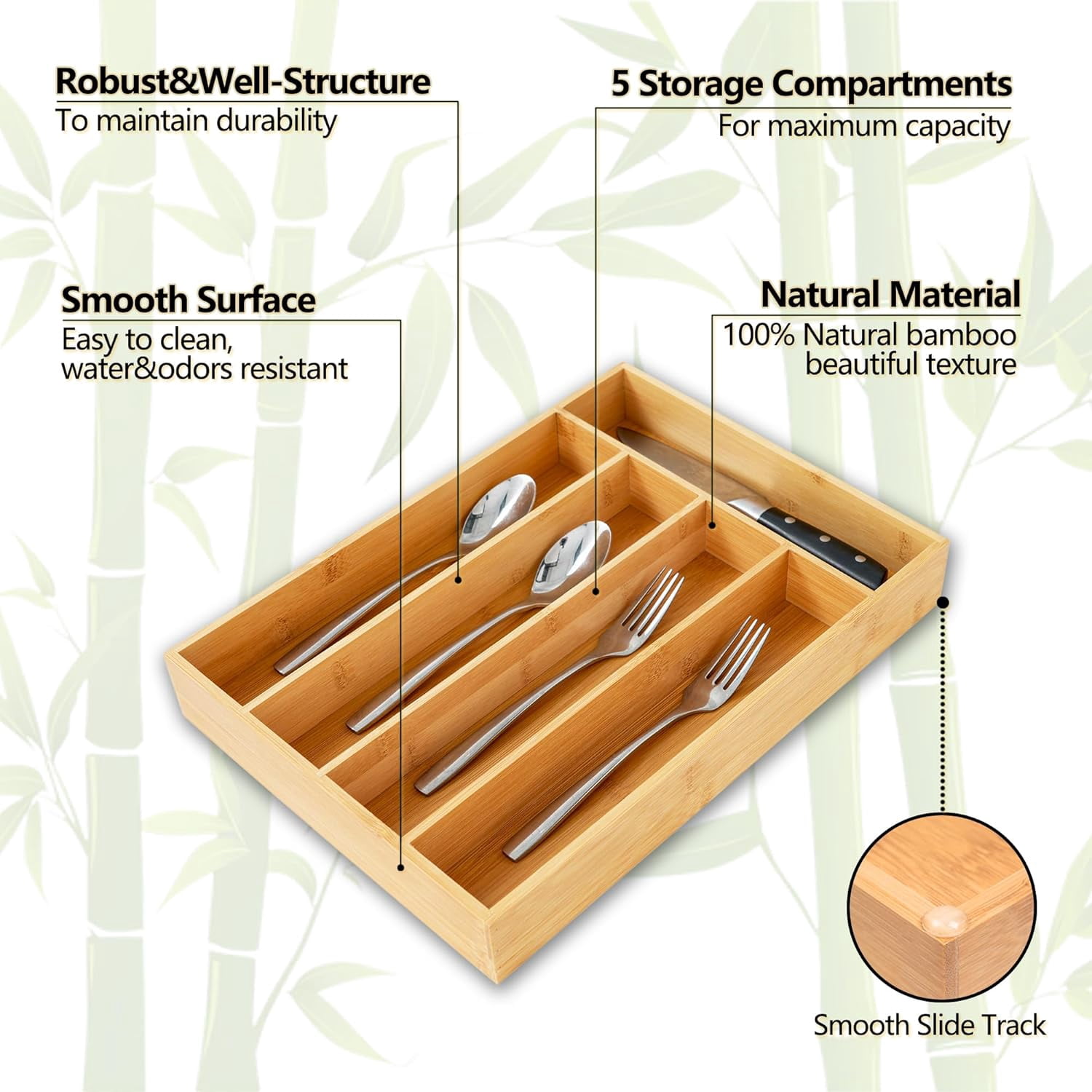 , 10 Inch Utensil Organizer Kitchen Drawer Organizer Bamboo Silverware Holder Cutlery Tray Organizer in Drawer Flatware Organizer Tray(5 slots, Natural