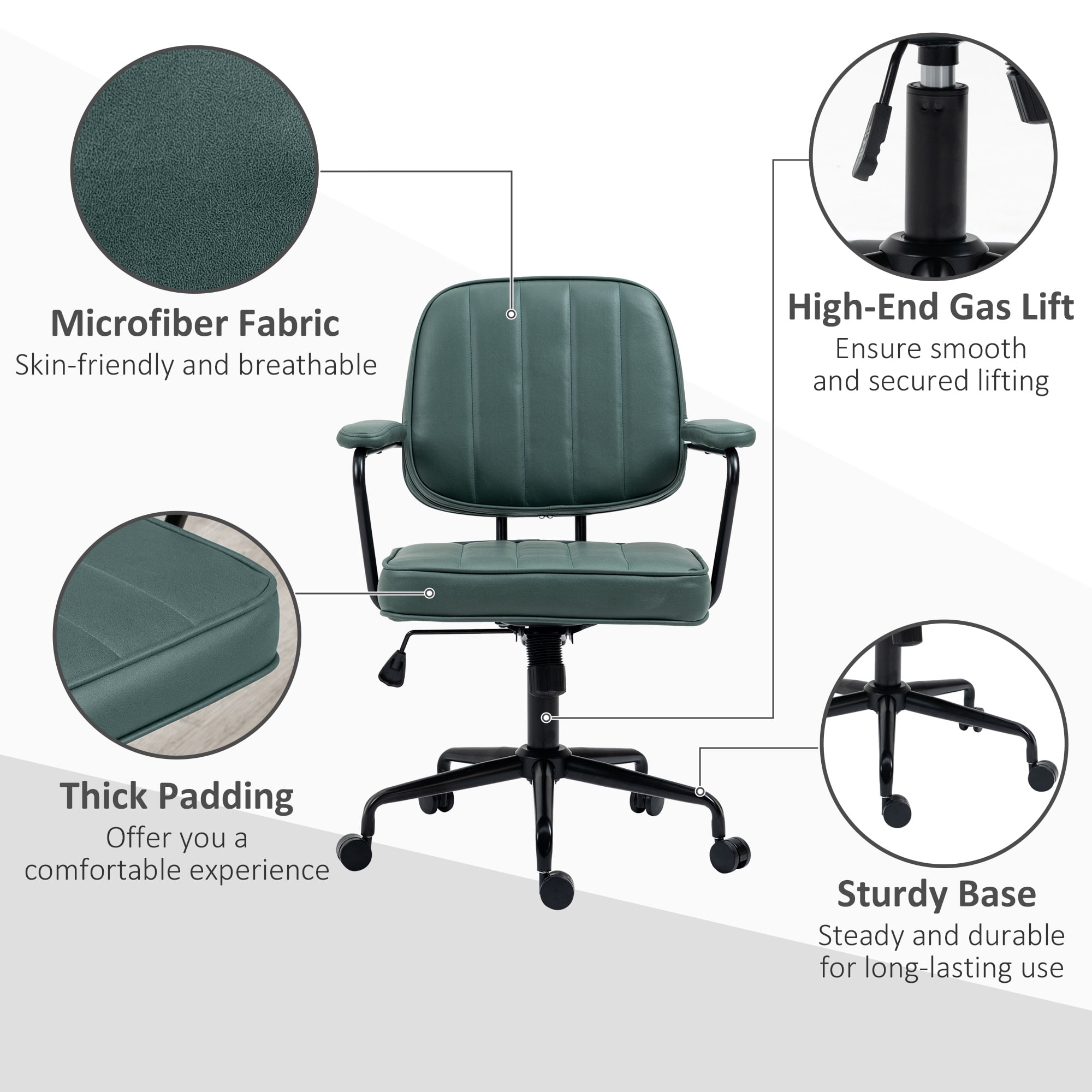 Office Chair, Green Microfiber, Adjustable Height, Tilt Function, 264 lb Capacity