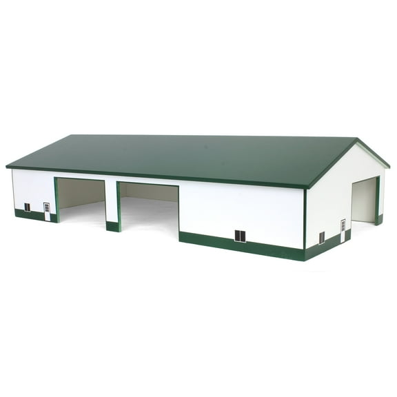 1/64 White & Green 60ft x 120ft Wooden Implement Shed w/ Side Doors STA-219