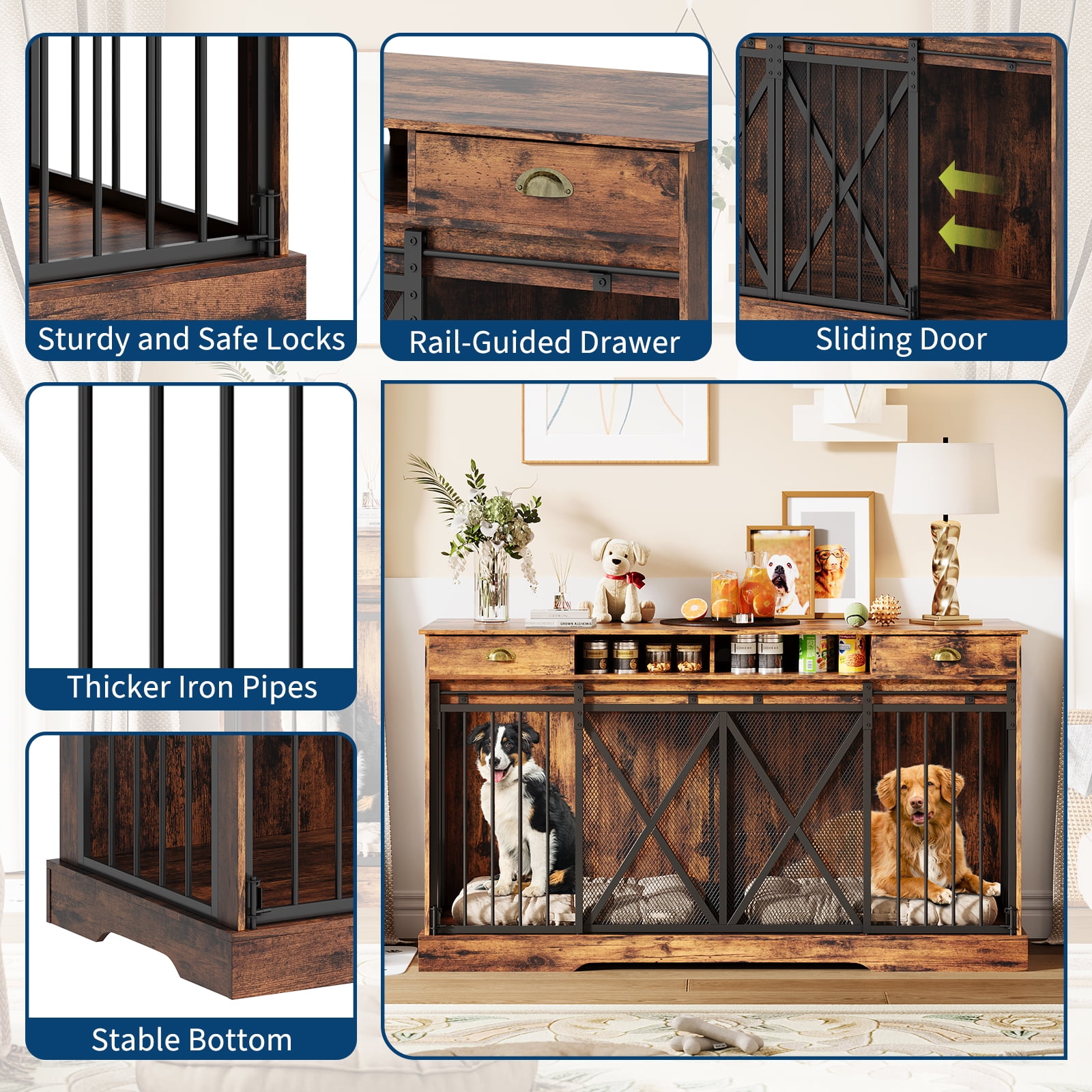 Large Dog Crate Furniture, Heavy Duty Dogs Cage with Double Doors, Divider, 2 Drawers, Sliding Doors, Indoor Puppy Kennel Side Table TV Stand for Small and Medium Sized Dog(Brown+Black)