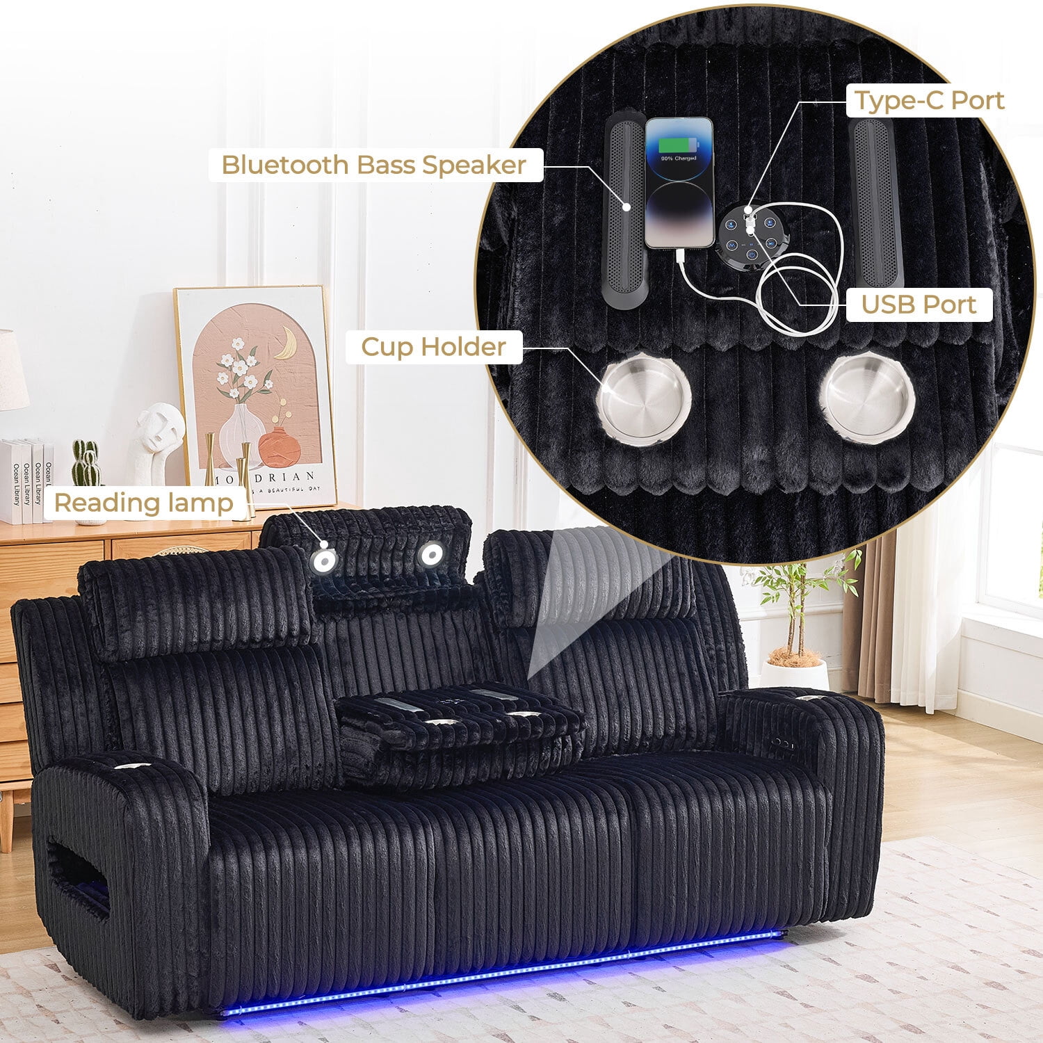 3PCS Power Zero Gravity Reclining Sofa Set with Adjustable Headrests,Bluetooth Speakers,Reading/LED Lights,Type C/USB Port,Cup Holders,Storage Console,Faux Fur Electric Couch,Loveseat,Recliner,Black