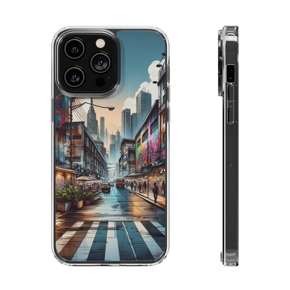DistinctInk Hybrid (Acrylic / TPU) Clear Slim Fit Case for Apple iPhone 15 Pro MAX (6.7" Screen) - "Bursts of Color: Vibrant Street Art Masterpiece"