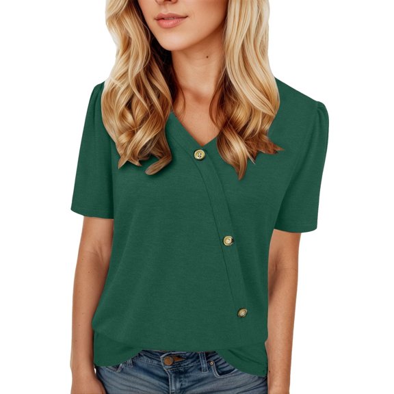 Ediodpoh Women's V Neck Button Down T Shirt Casual Comfortable Blouse for Summer Everyday Wear Stylish Basic Top Tshirts for Women Dark Green S